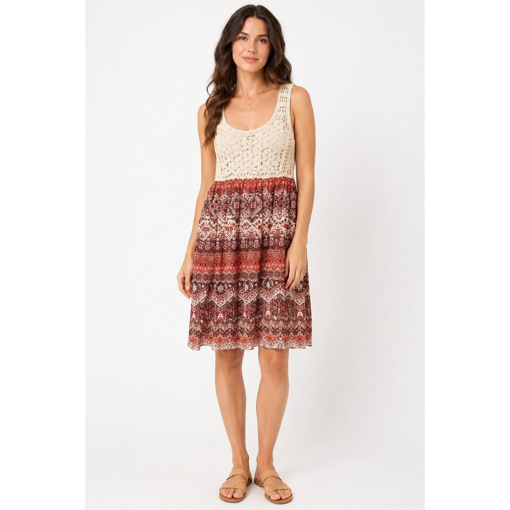 V Cristina Womens Small Boho Crochet Floral Geometric Print Sleeveless Dress New